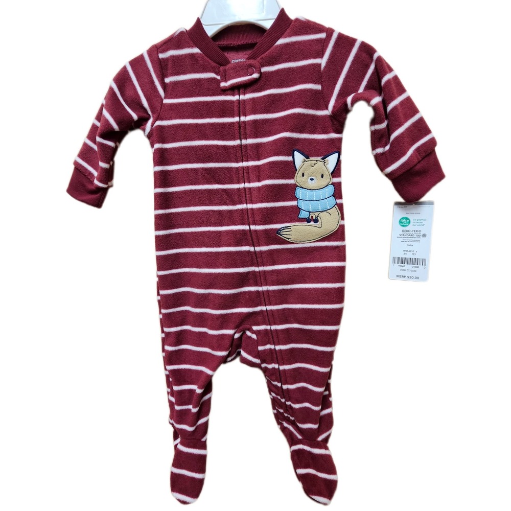 NWT Carter's 3 Months Fox Burgandy Fleece Sleep & Play Footed Pajamas 2 Way Zip